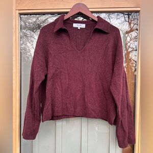Madewell Burgandy V-Neck Collared Cashmere Pullover Sweater